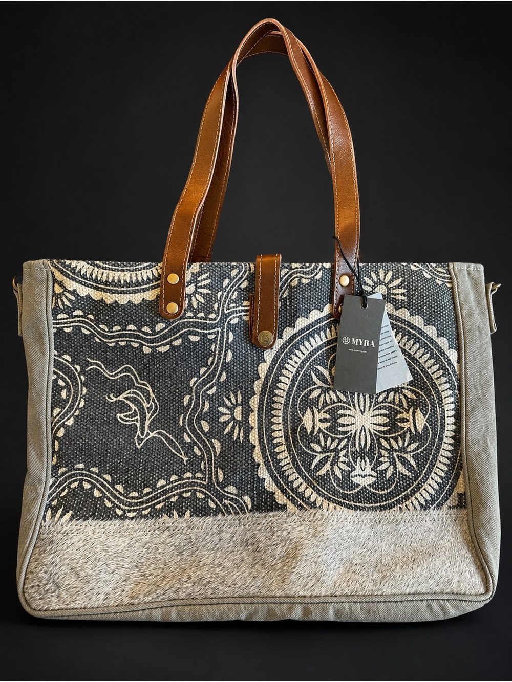 Myra Bag Black & Tan Patterned Canvas Weekender Tote with Leather Handles